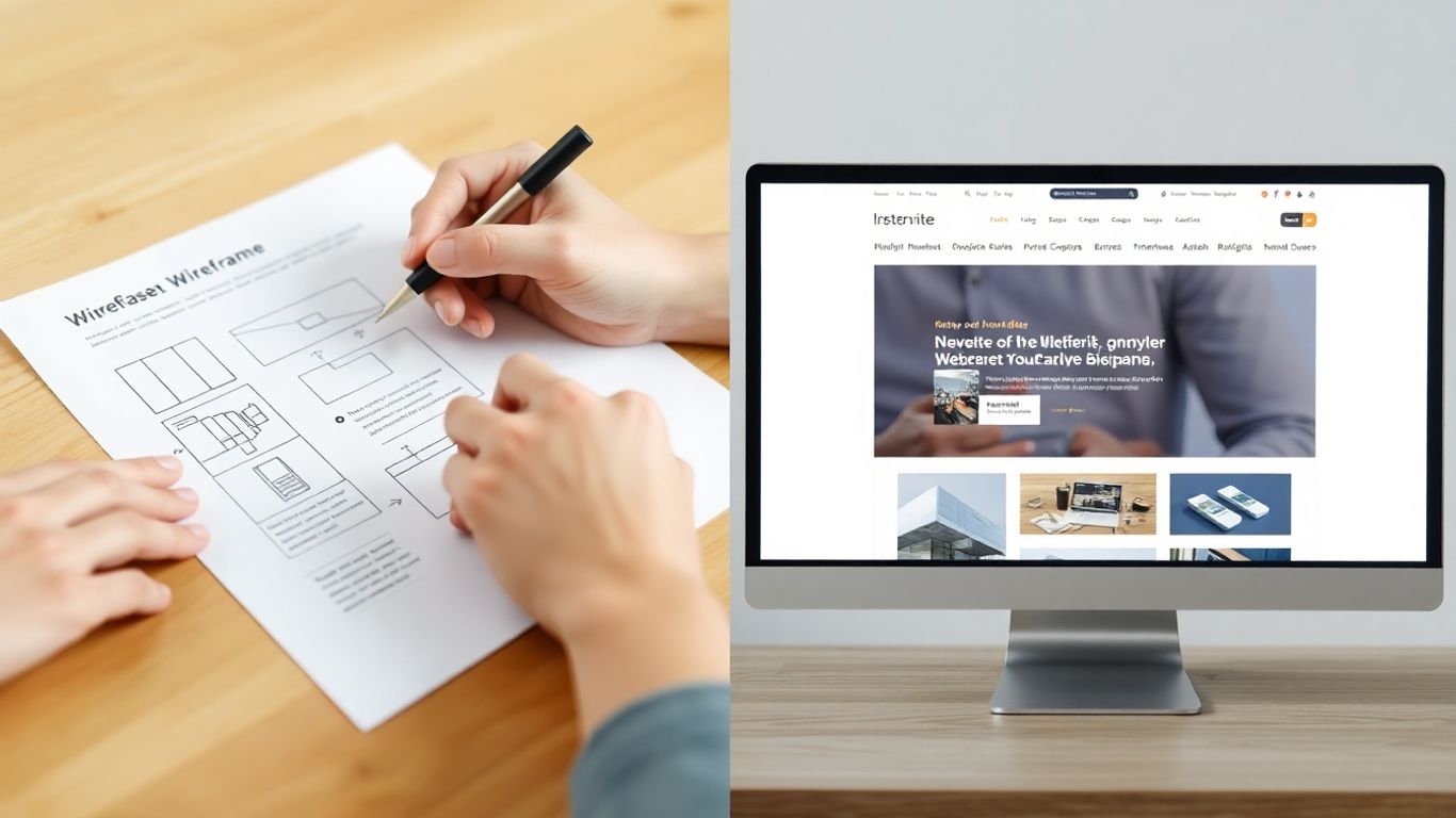 Sketch of website wireframe turning into a digital interface.