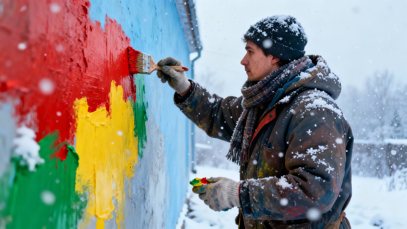 Painter working outdoors in winter.