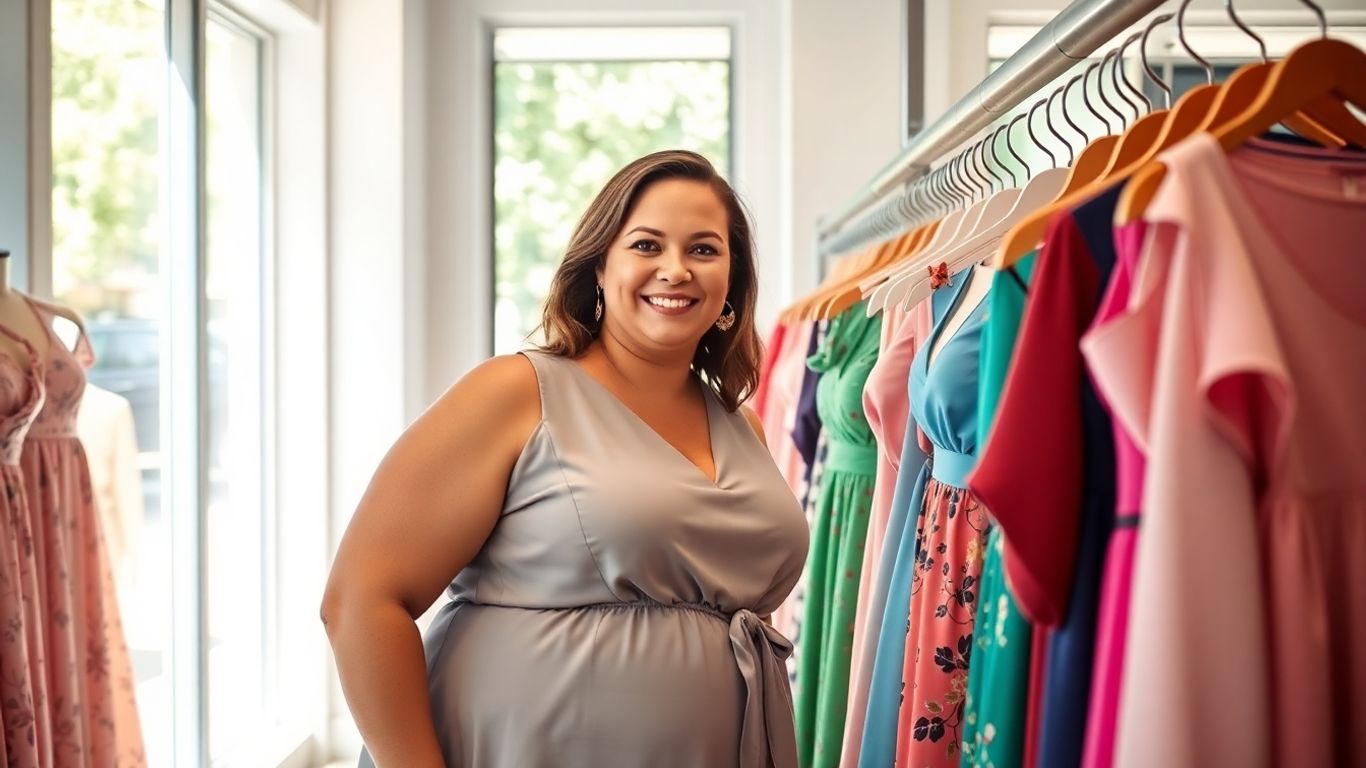 Woman shopping for plus size clothing in a boutique.
