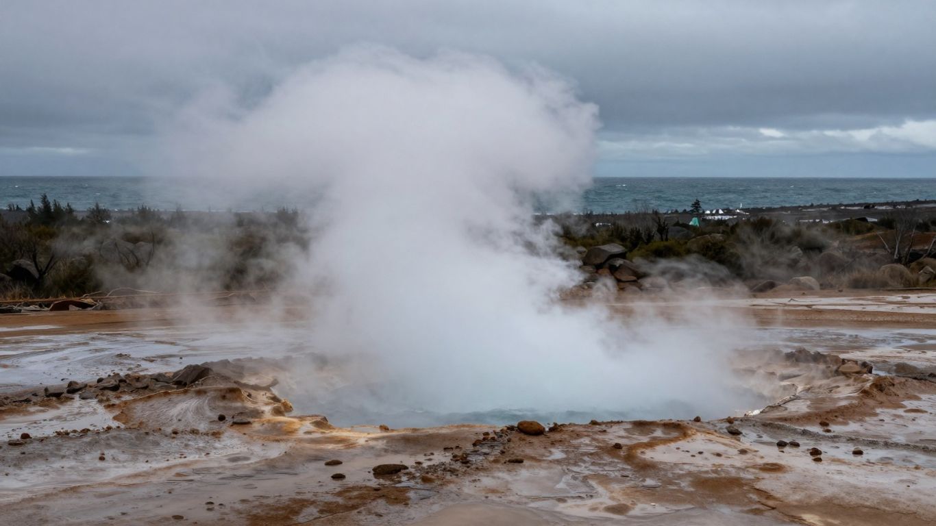 Geysire Islands mit Dampf und Meer