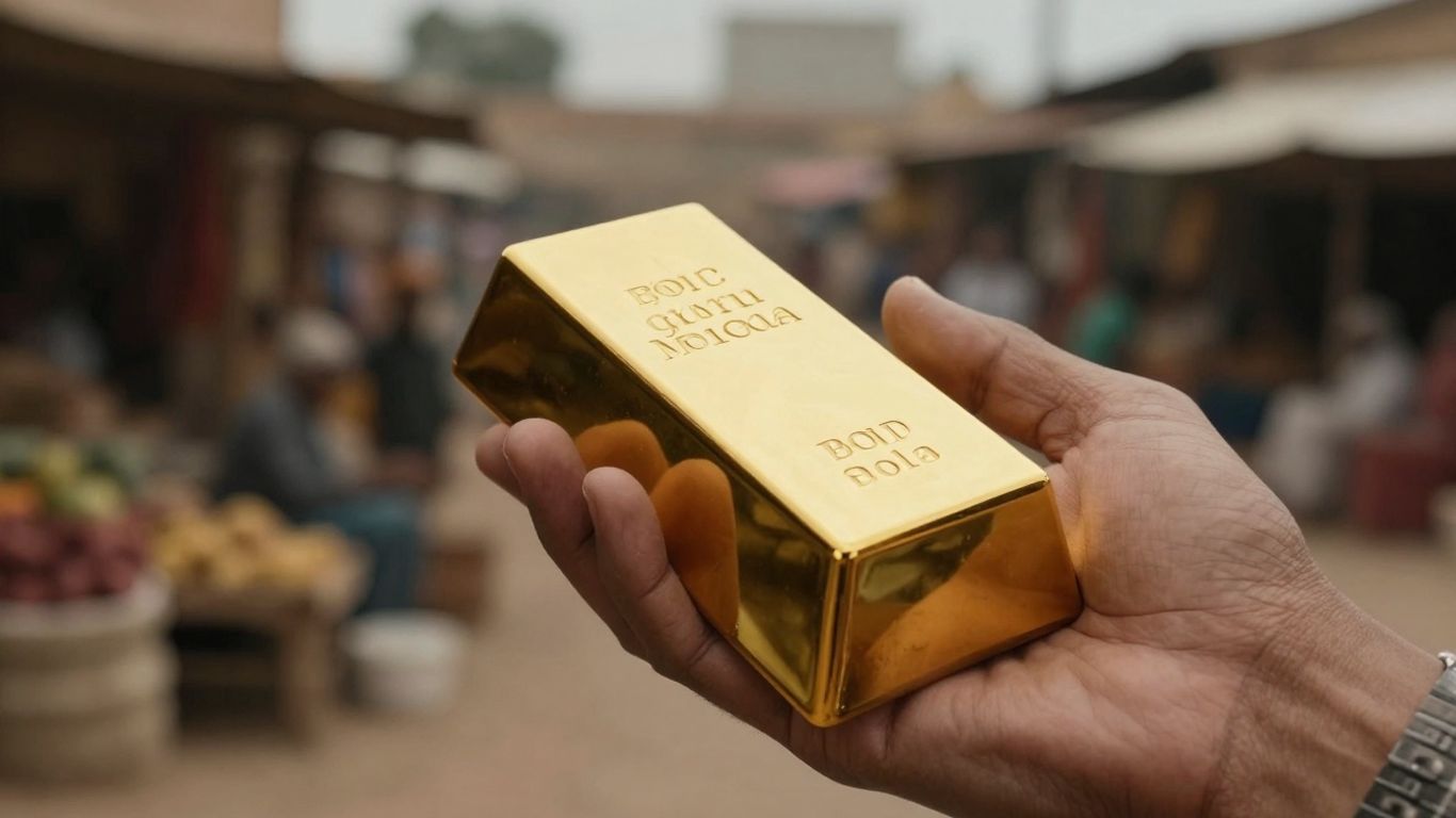 一只金手在国外市场拿着一根金条。