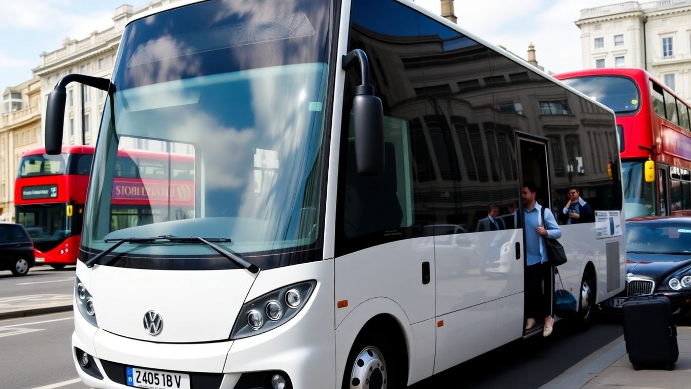 Minibus hire in London with passengers boarding.