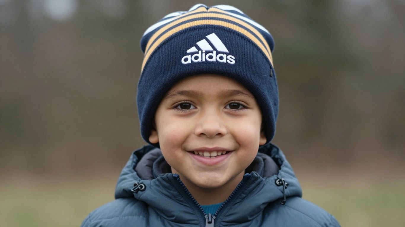 Copil fericit purtând căciulă Adidas în aer liber.