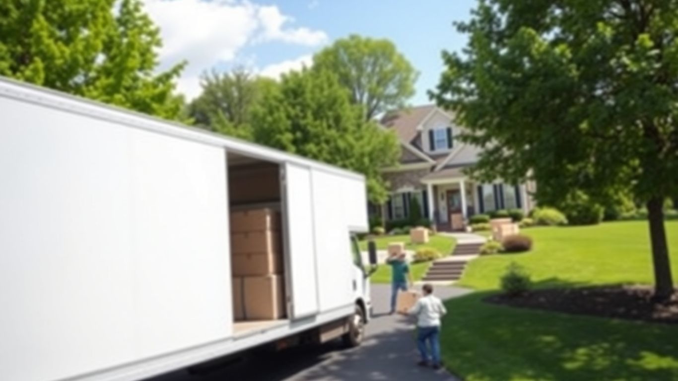 Movers loading a truck in suburban New Jersey neighborhood