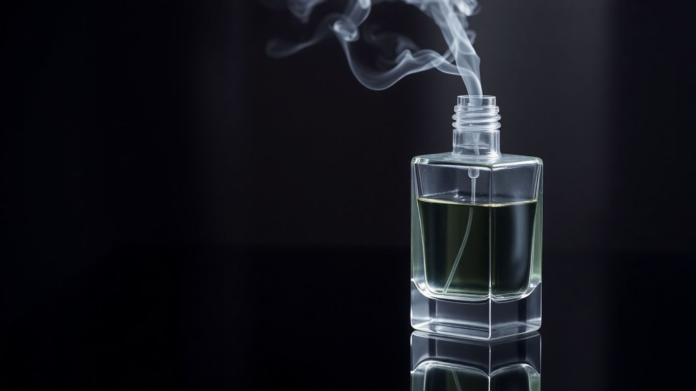 Perfume bottle with scent vapor rising from the top.