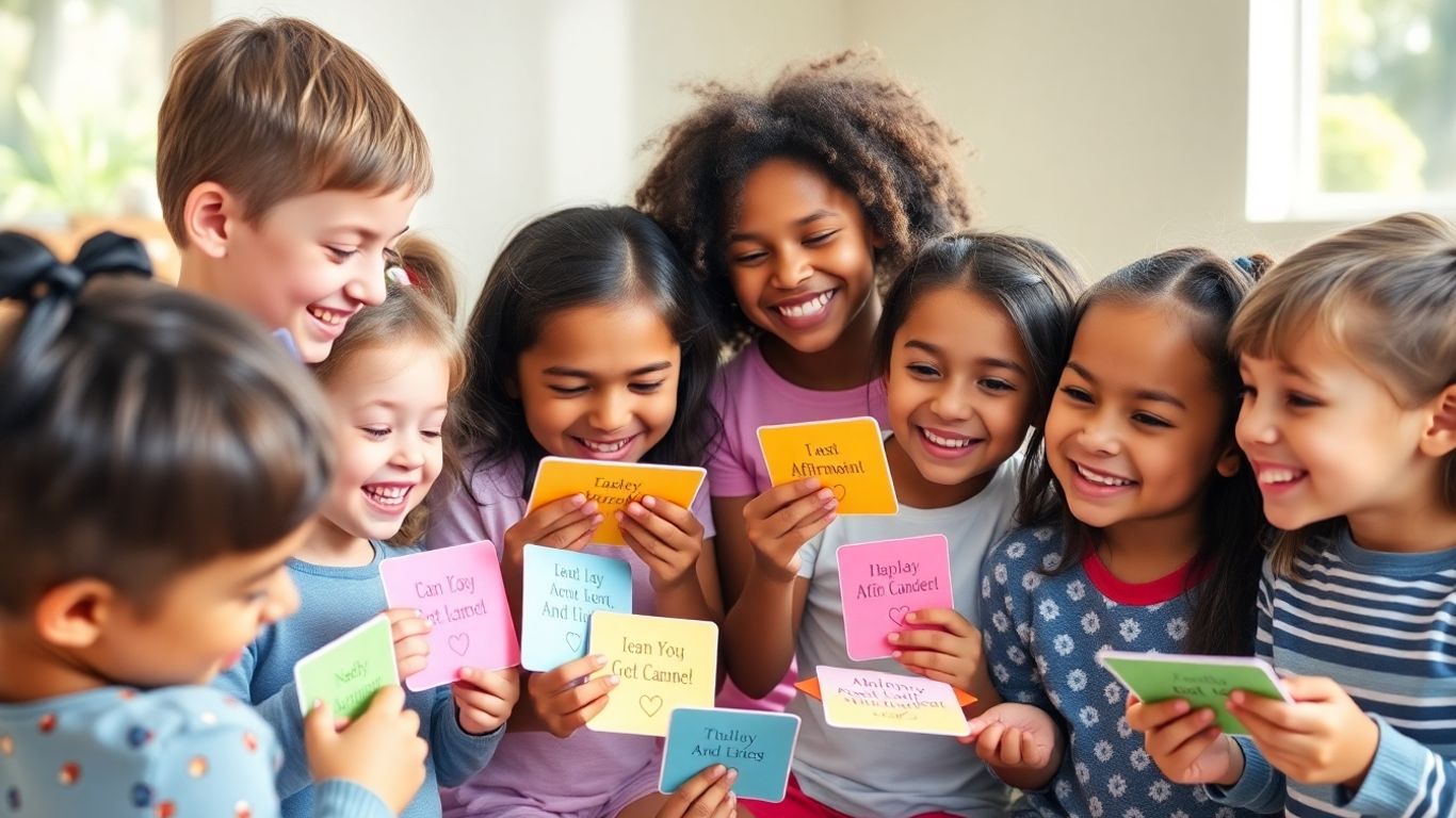 Children smiling and holding colorful affirmation cards.
