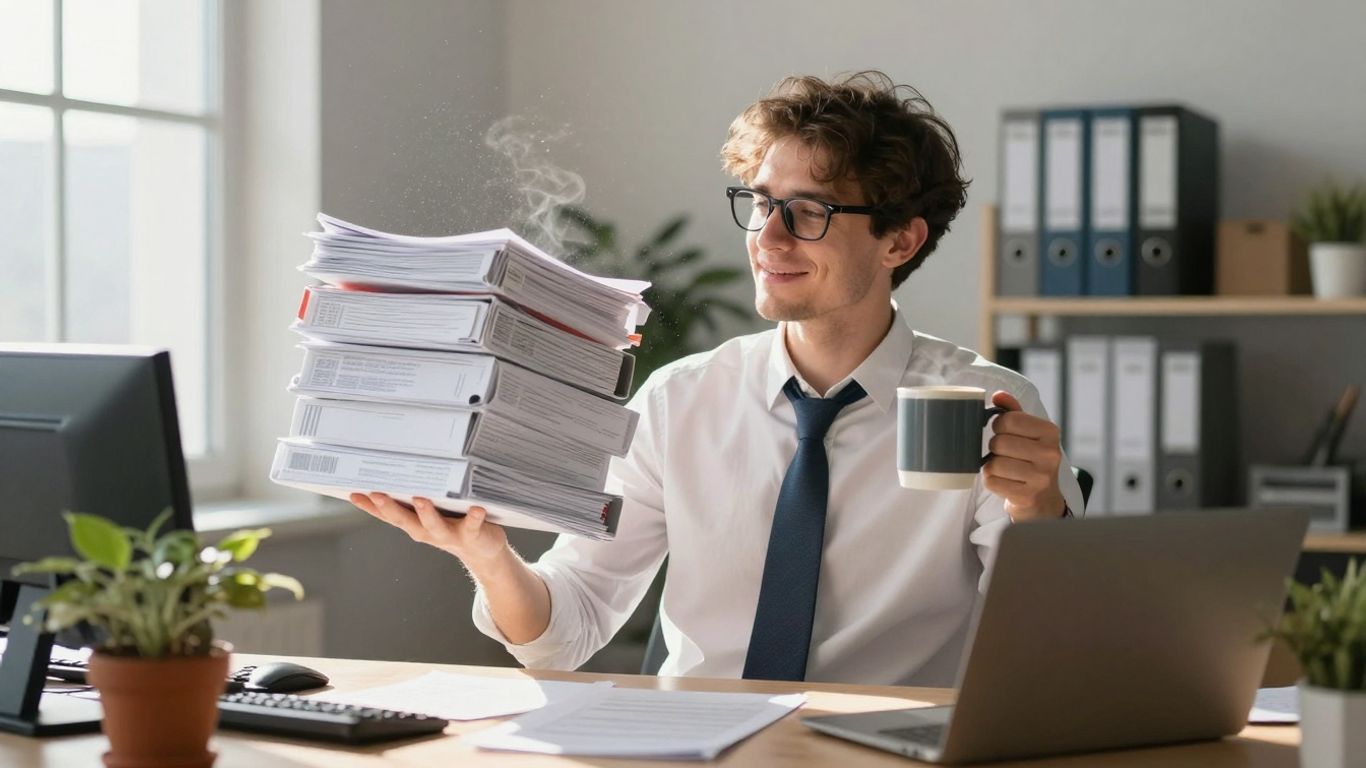 Office worker smiling amidst workplace chaos