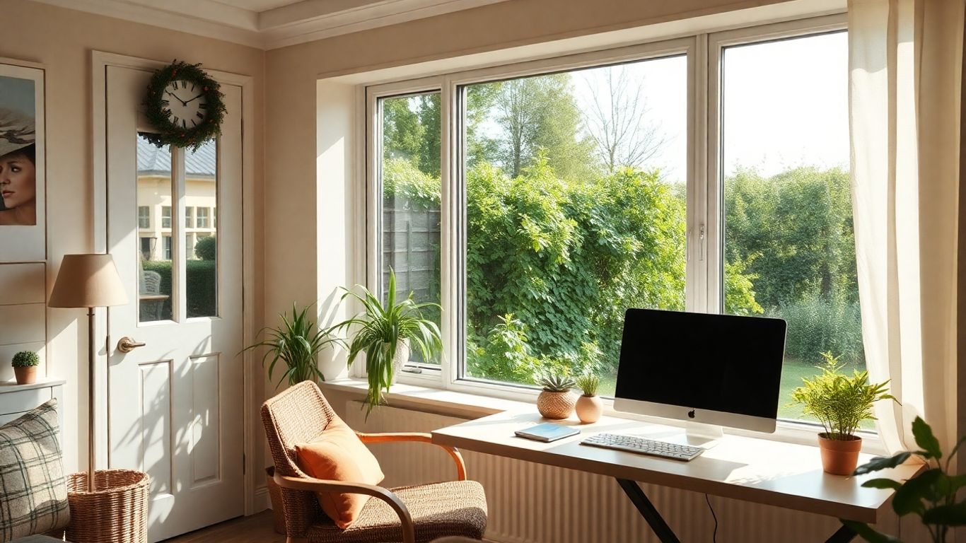 Peaceful cottage workspace with garden view.