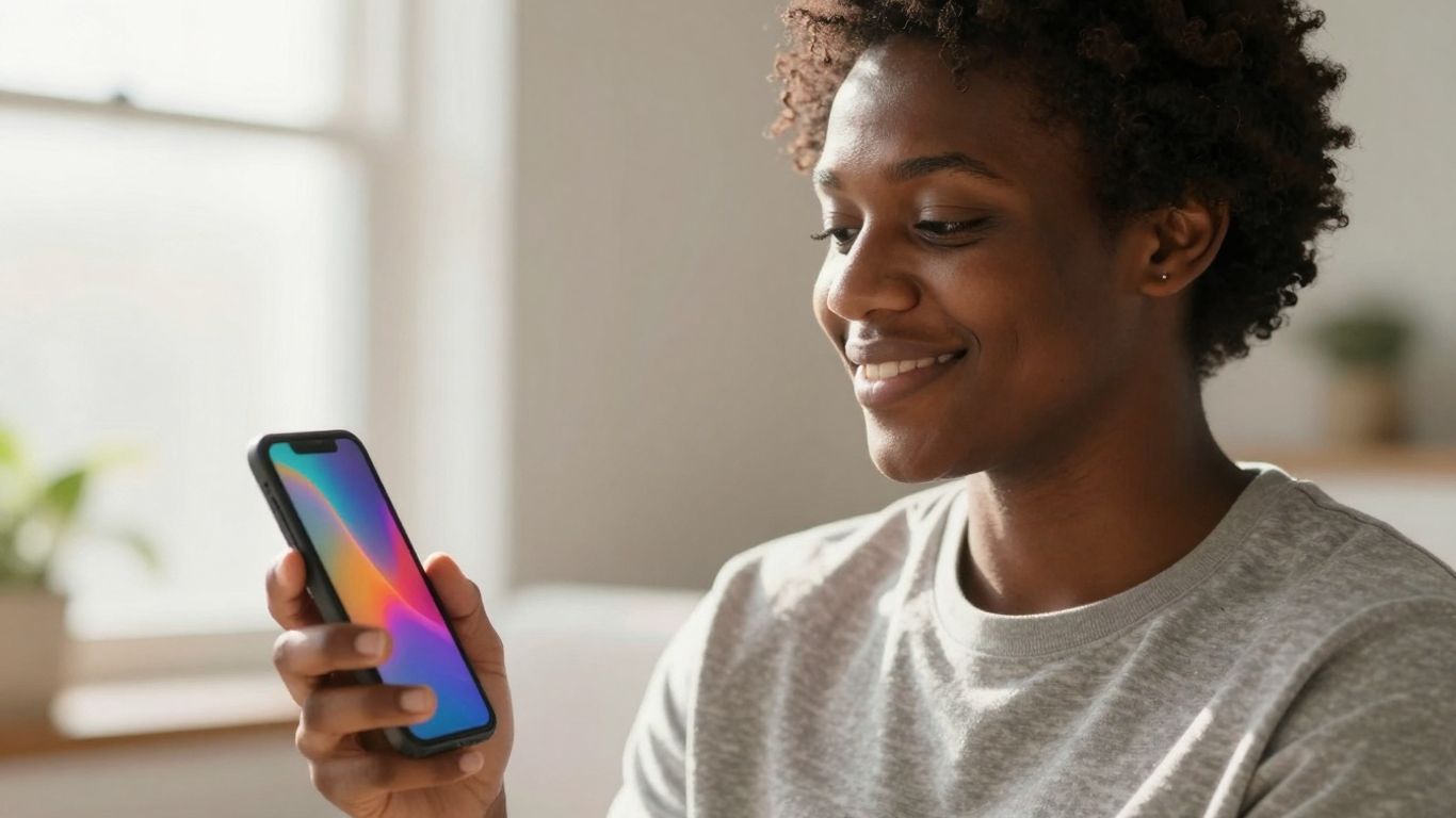 Person smiling while holding a phone with affirmations app.