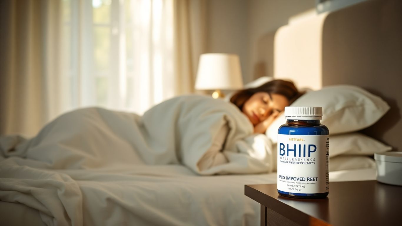 Person sleeping peacefully with BHIP supplements nearby.