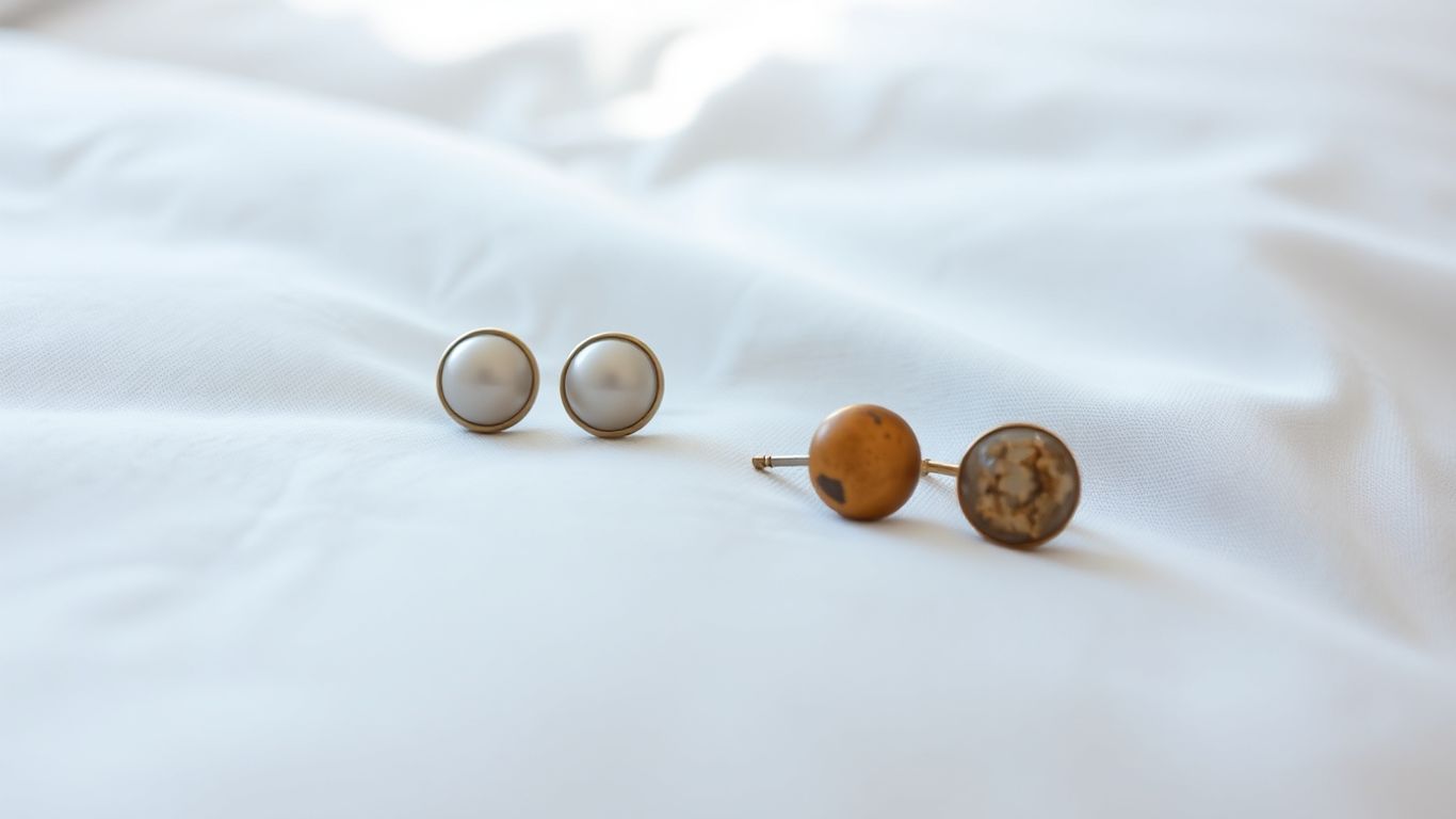 Clean and dirty stud earrings on a white pillowcase