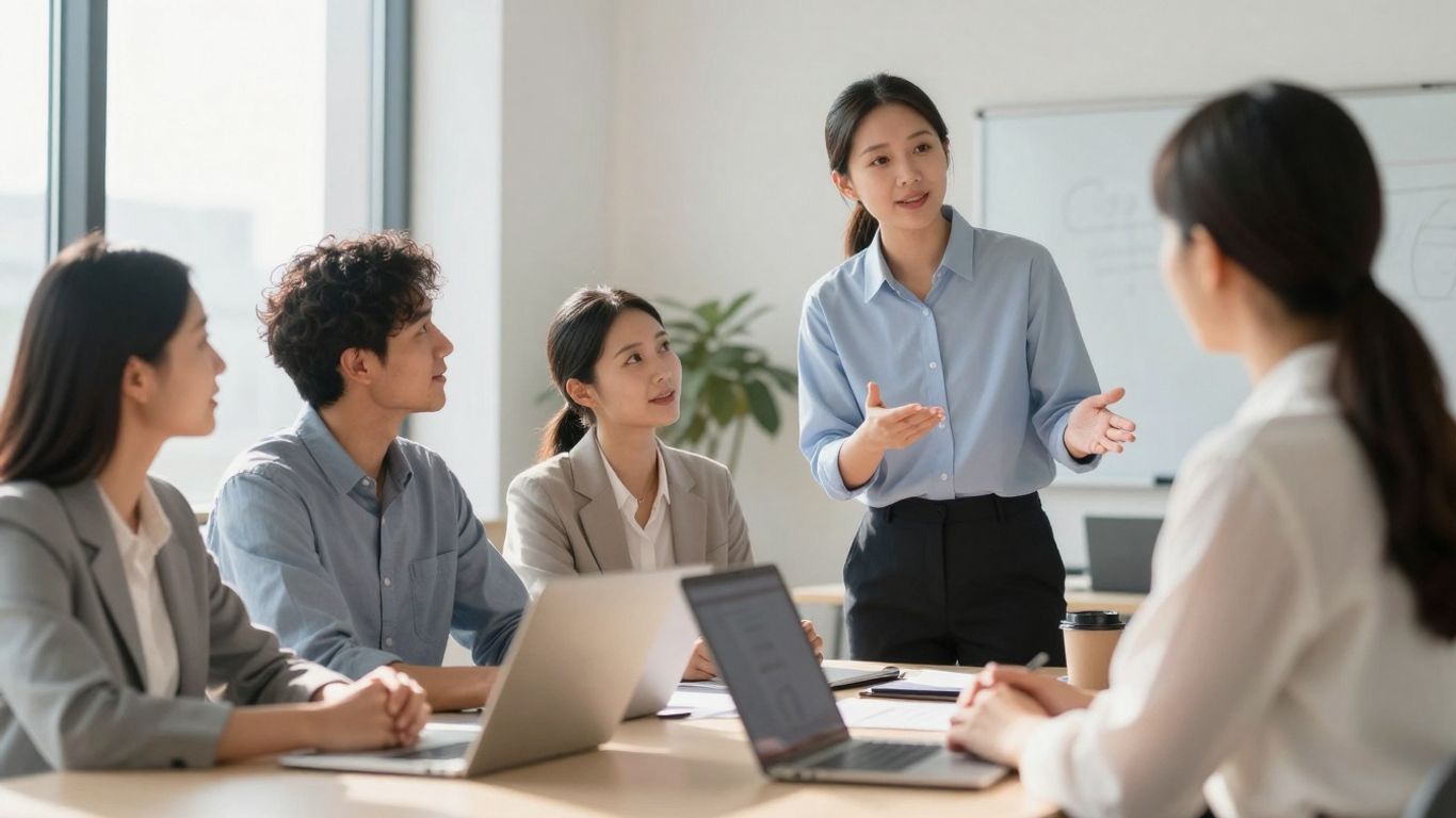 Employer explaining legal obligations to employees in an office.