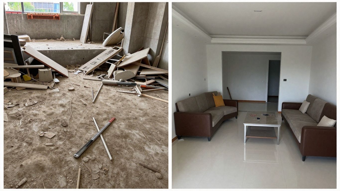Dusty construction site versus sparkling clean finished room.