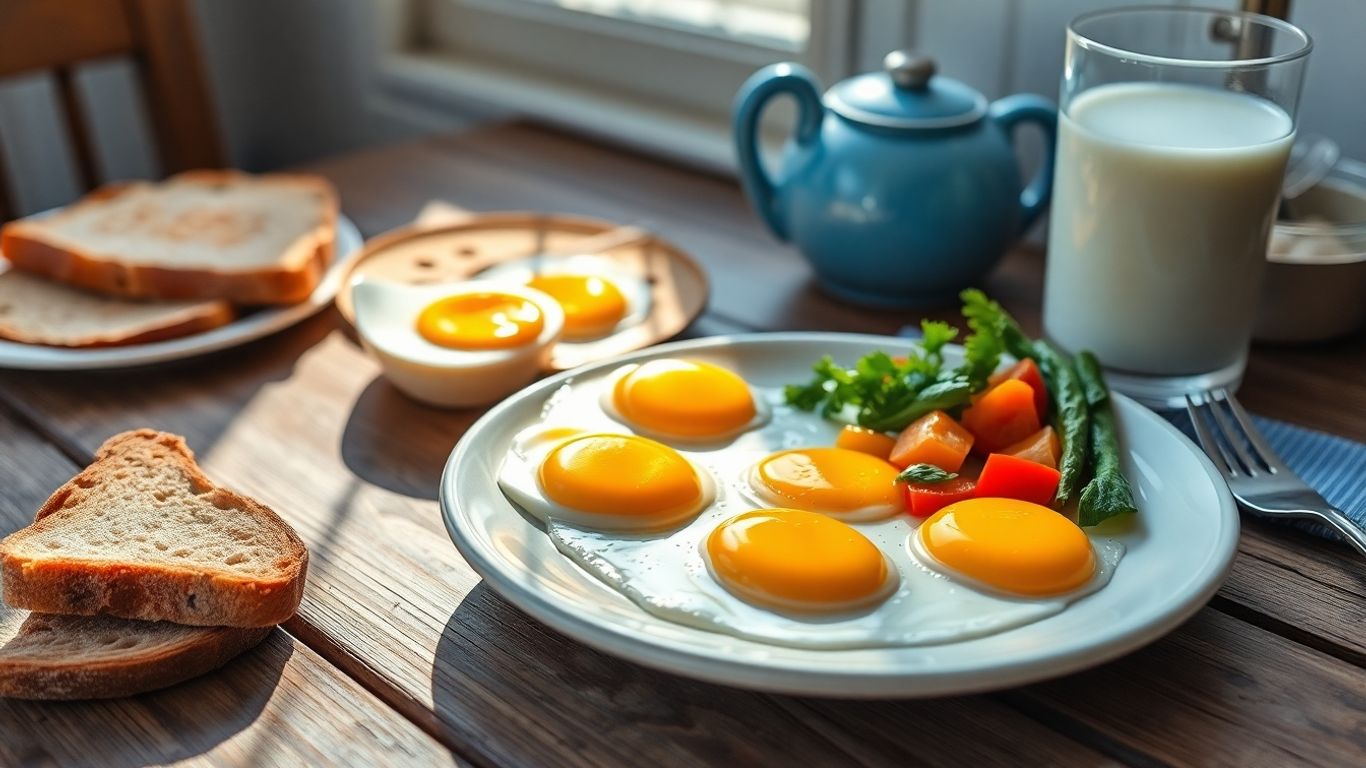 Œufs frais et légumes sur une table de petit-déjeuner.