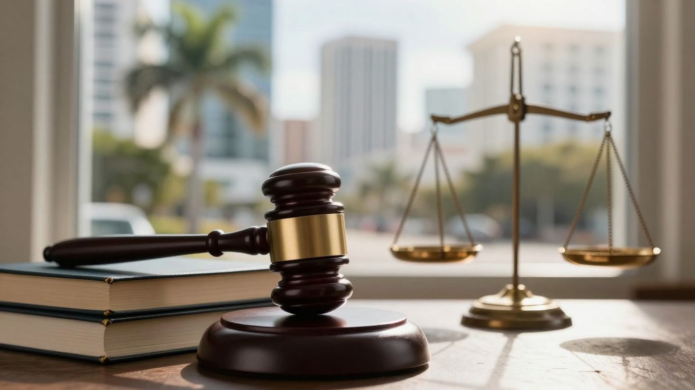 Gavel, scales of justice, and Fort Lauderdale cityscape.