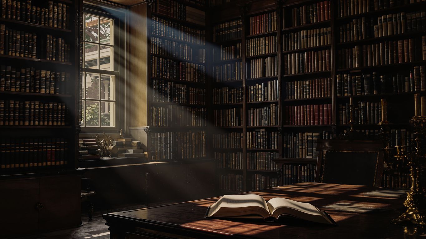 Antique books on shelves in a sunlit study.
