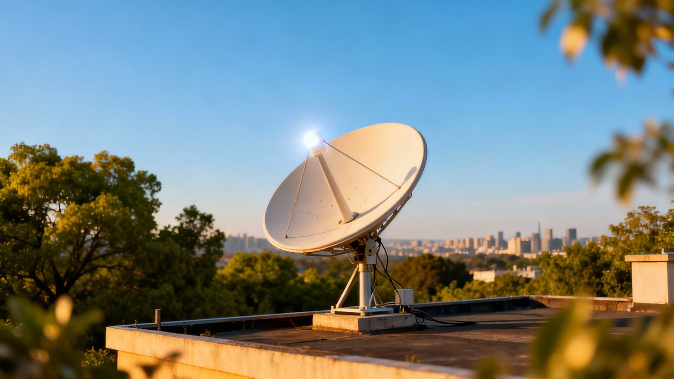 Satellite dish on rooftop with blue sky and green trees.