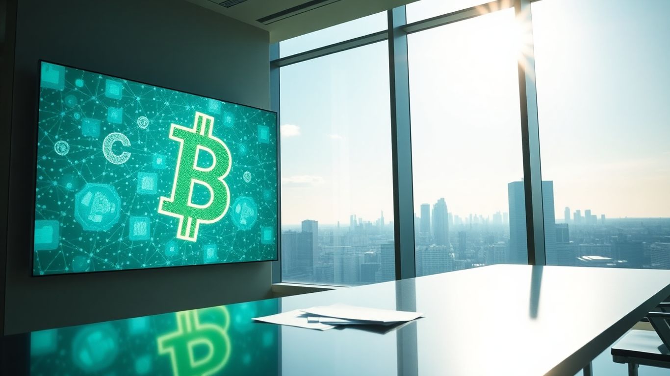 Crypto fund management office with city view.