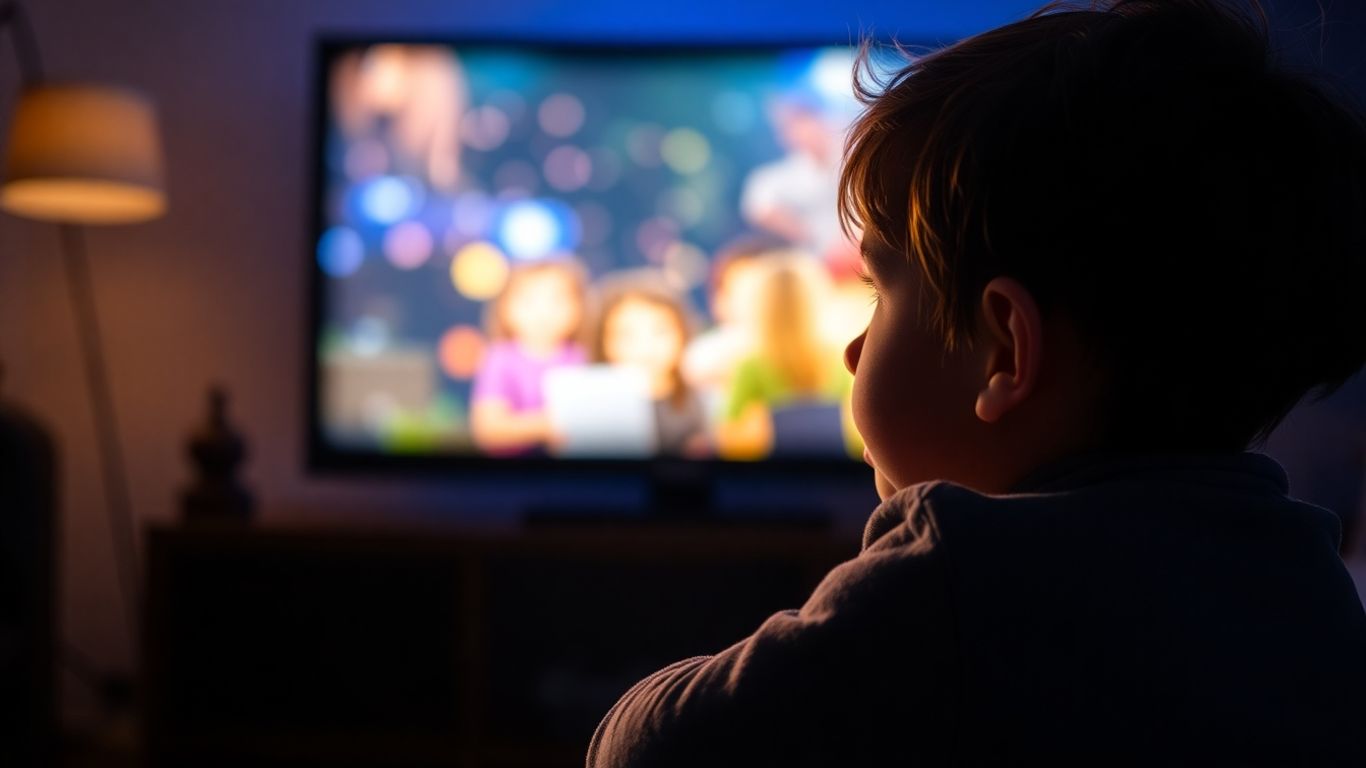 Copil uitându-se la televizor, absorbit de ecran.