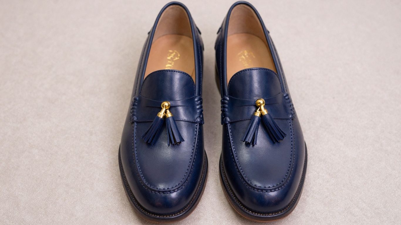 Navy tassel loafers with gold accents.