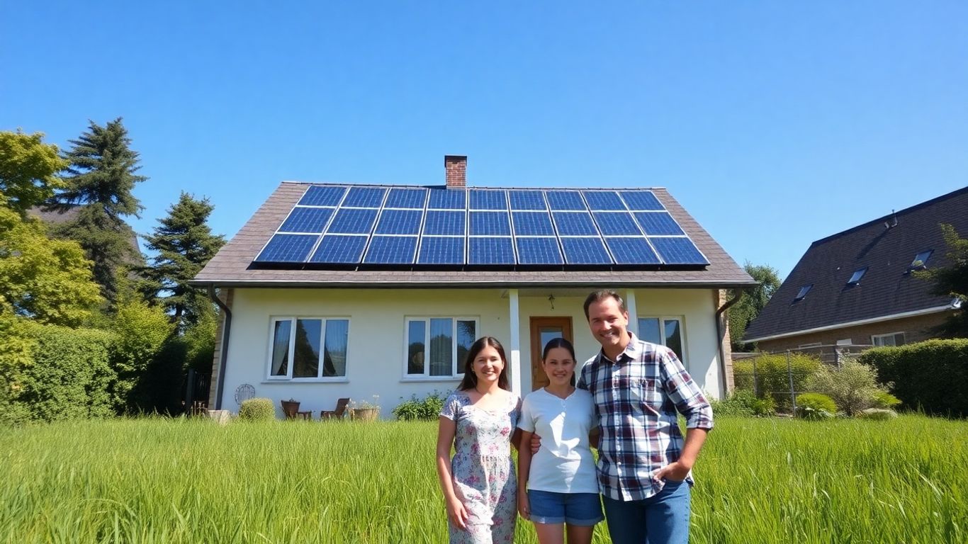 House with solar panels and happy family.