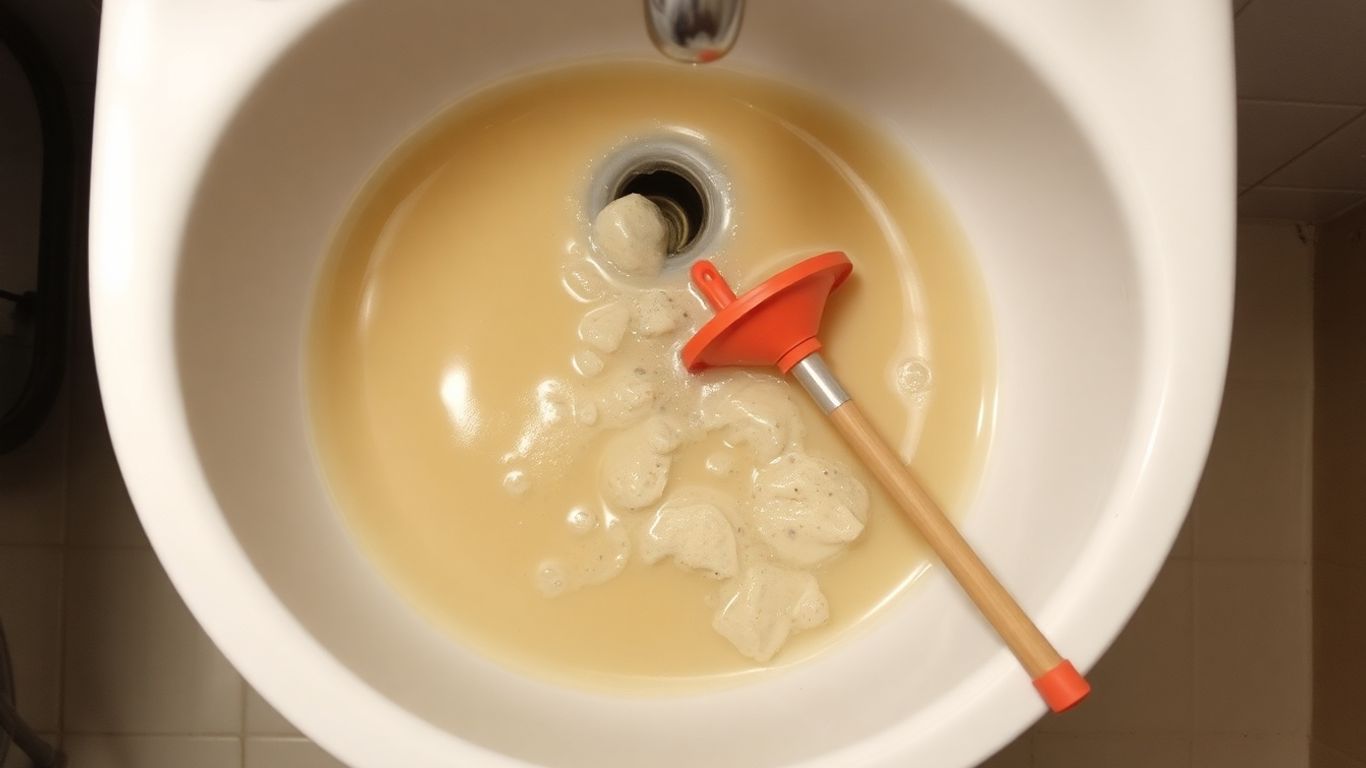 Clogged bathroom sink with overflowing water and plunger.