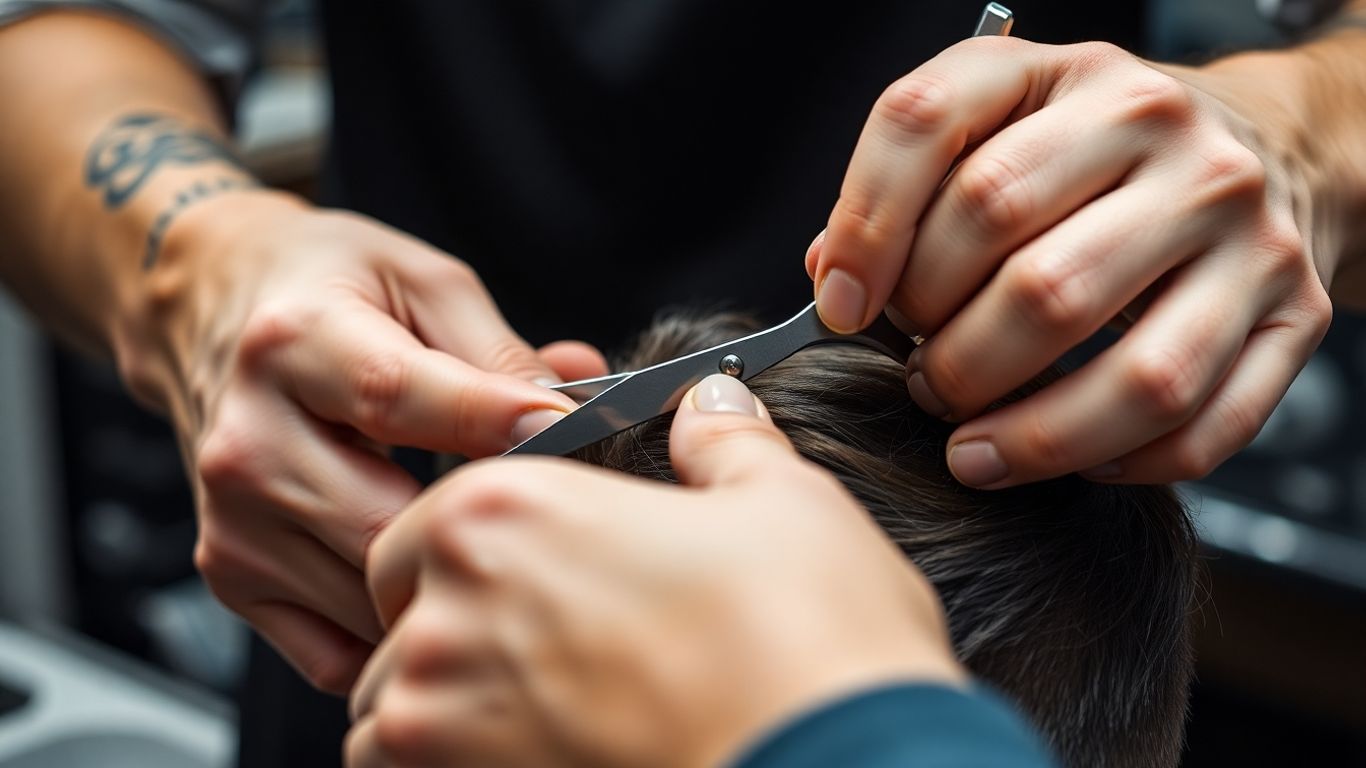 Barber's hands cutting hair with scissors.