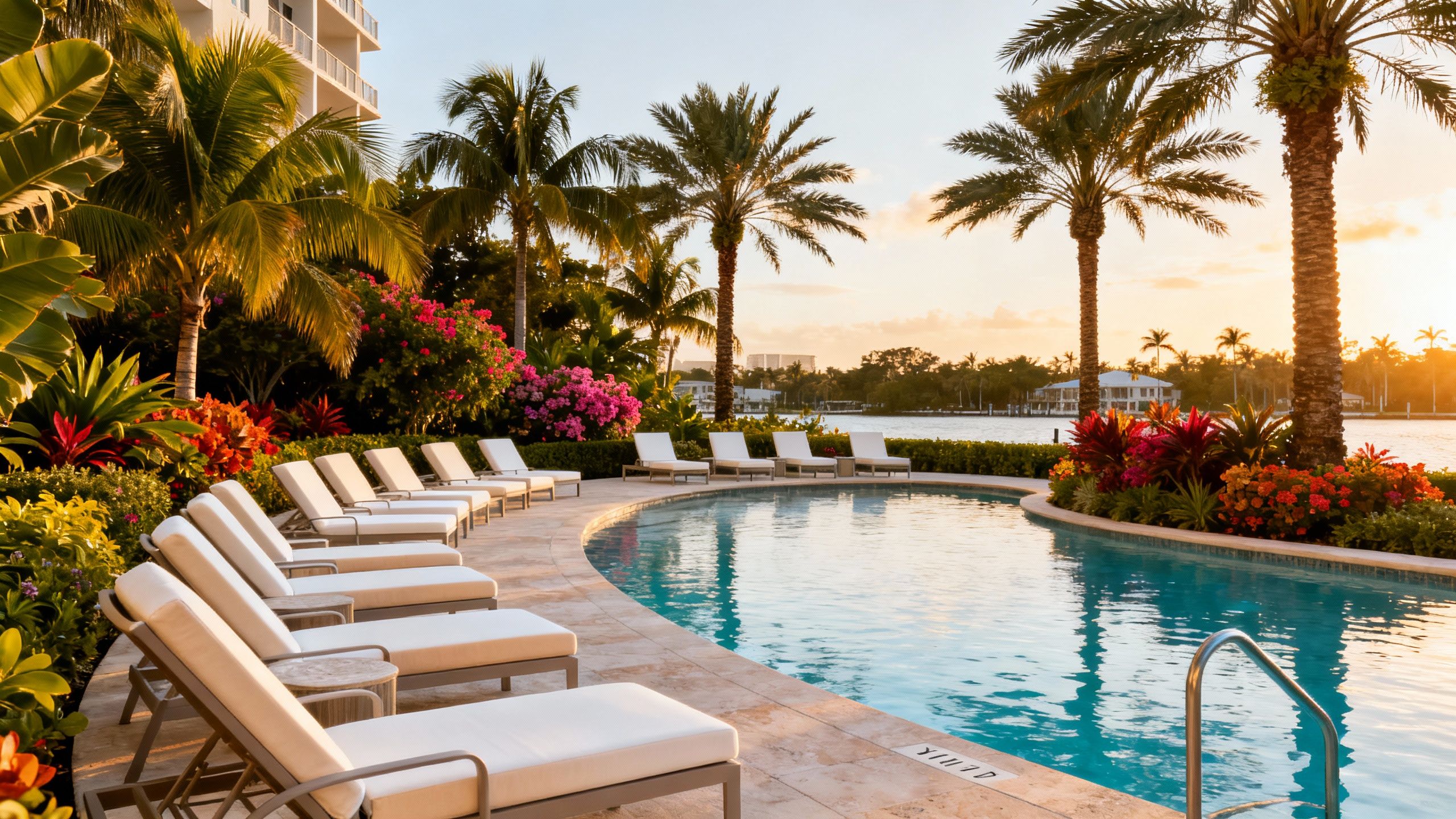 Vita at Grove Isle resort-style pool area with luxury loungers and tropical landscaping