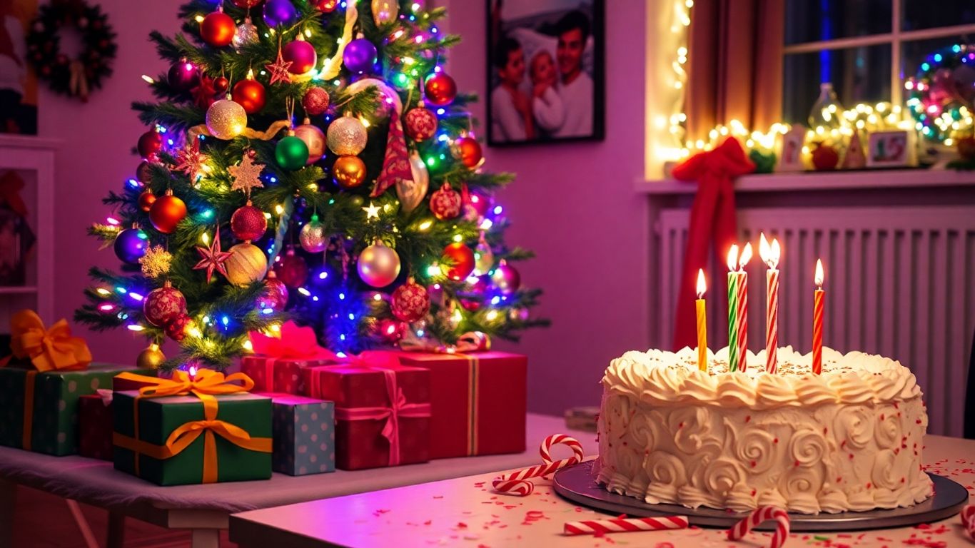 Christmas-themed birthday party decorations and cake.