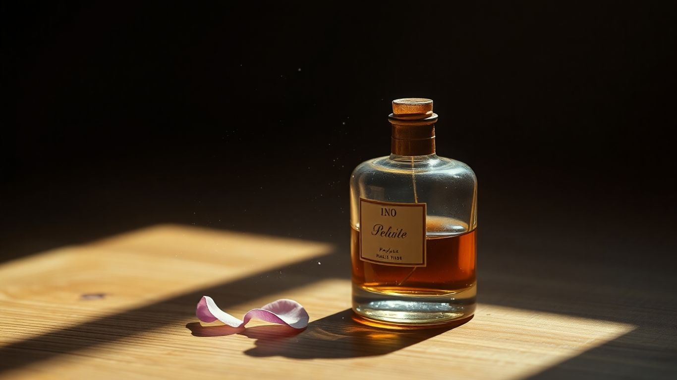 Vintage perfume bottle with a flower petal.