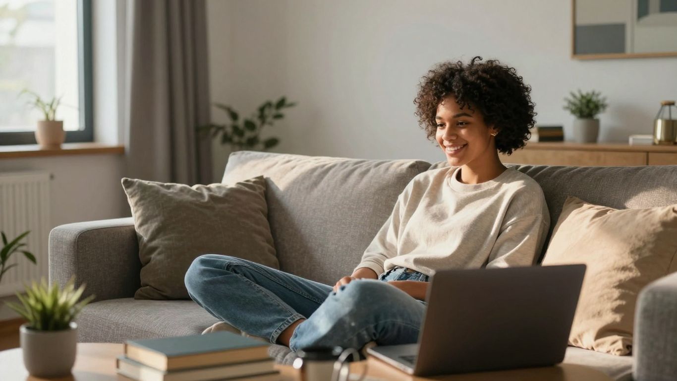 Persona sonriendo en un apartamento seguro y acogedor.