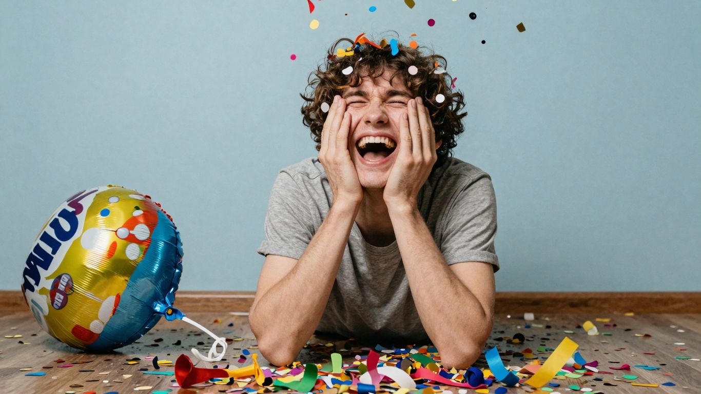 Person laughing with confetti and a deflated birthday balloon.