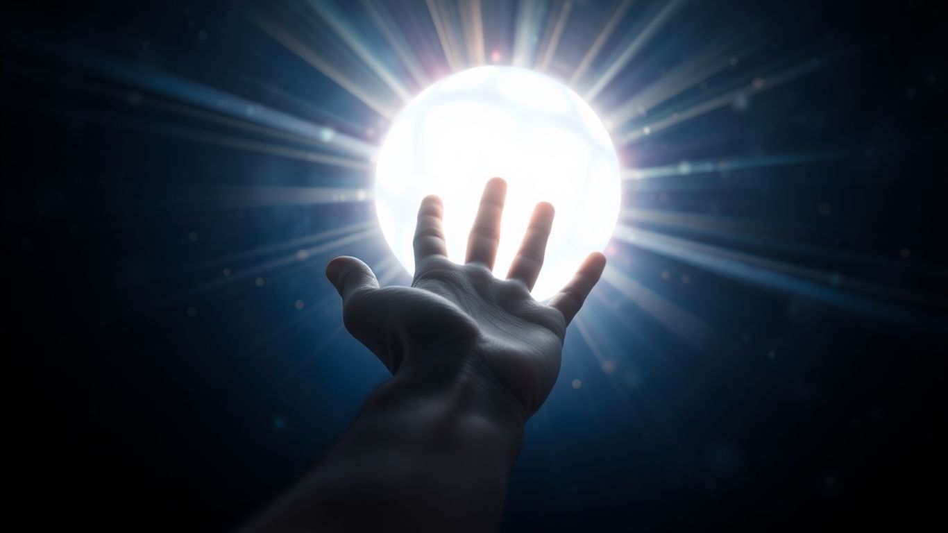 Hand reaching for glowing orb of knowledge