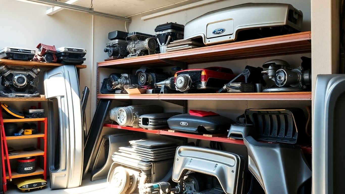 Used Ford auto parts in a garage