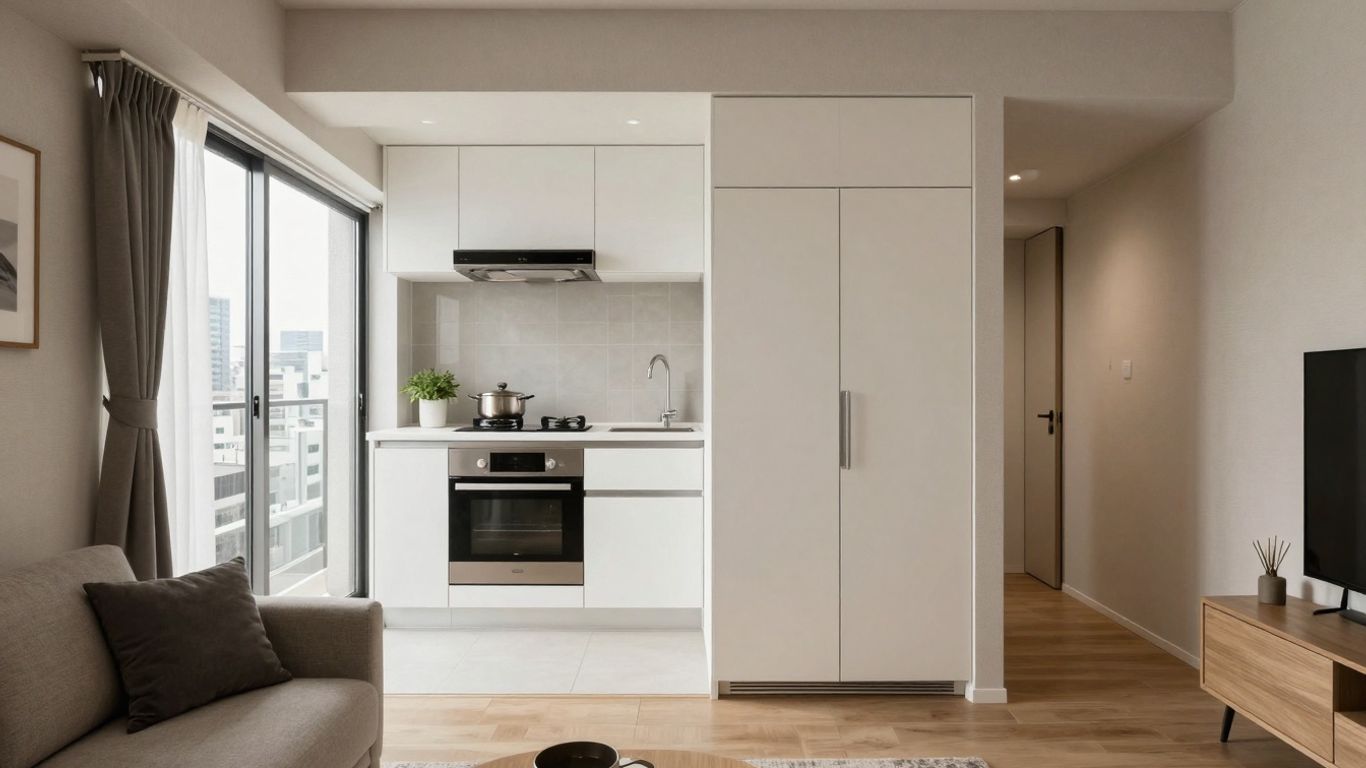 Modern Tokyo apartment interior with kitchen and living area.