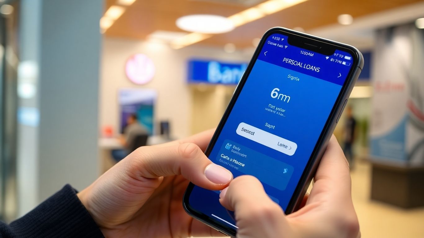 Persona usando aplicación bancaria para préstamo personal.