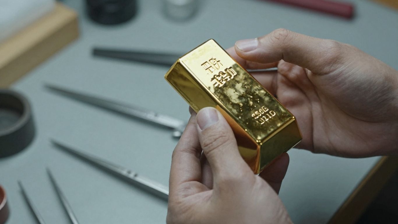 珠宝商正在检查一块纯金条。