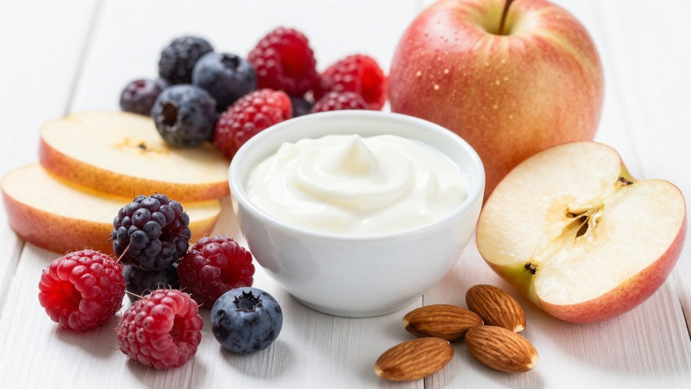 Low-calorie snacks like berries, apple slices, yogurt, and almonds.