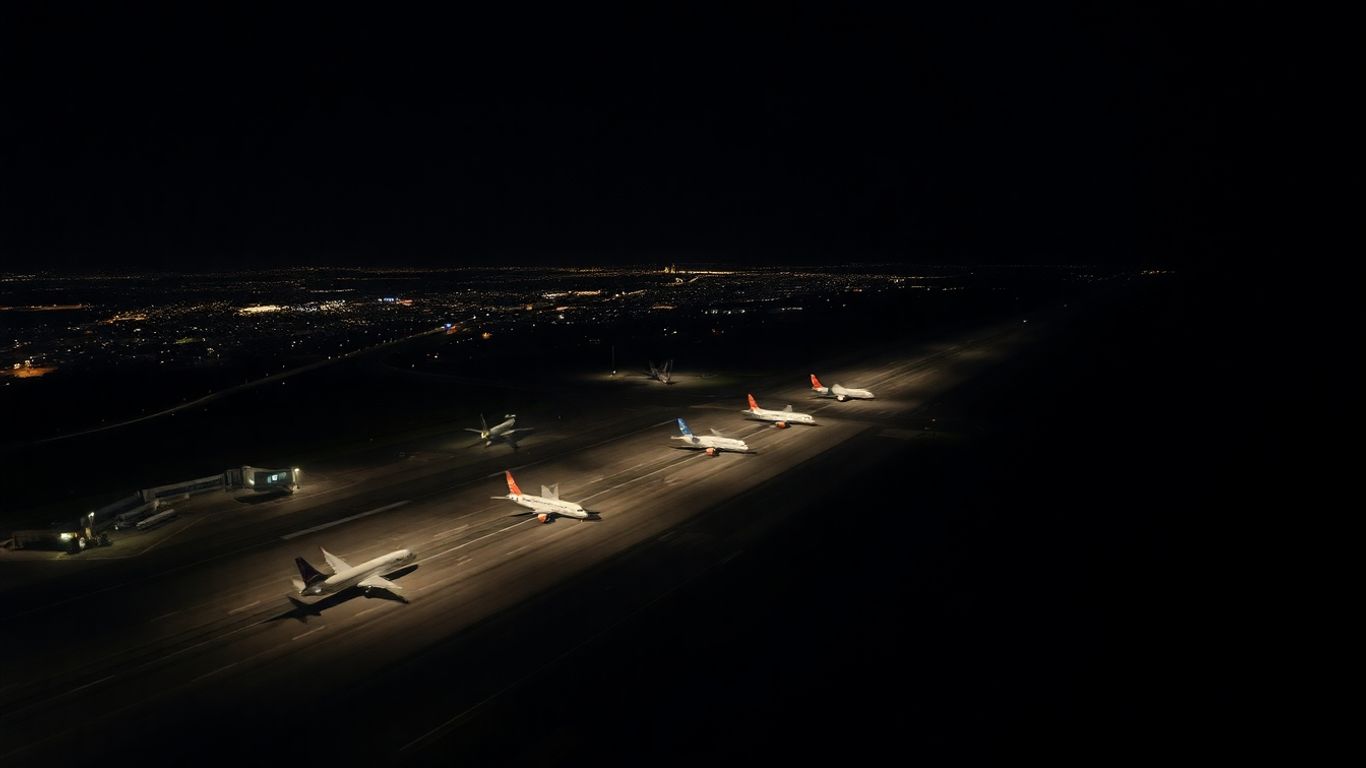 Aéroport Marseille-Provence la nuit avec des avions.