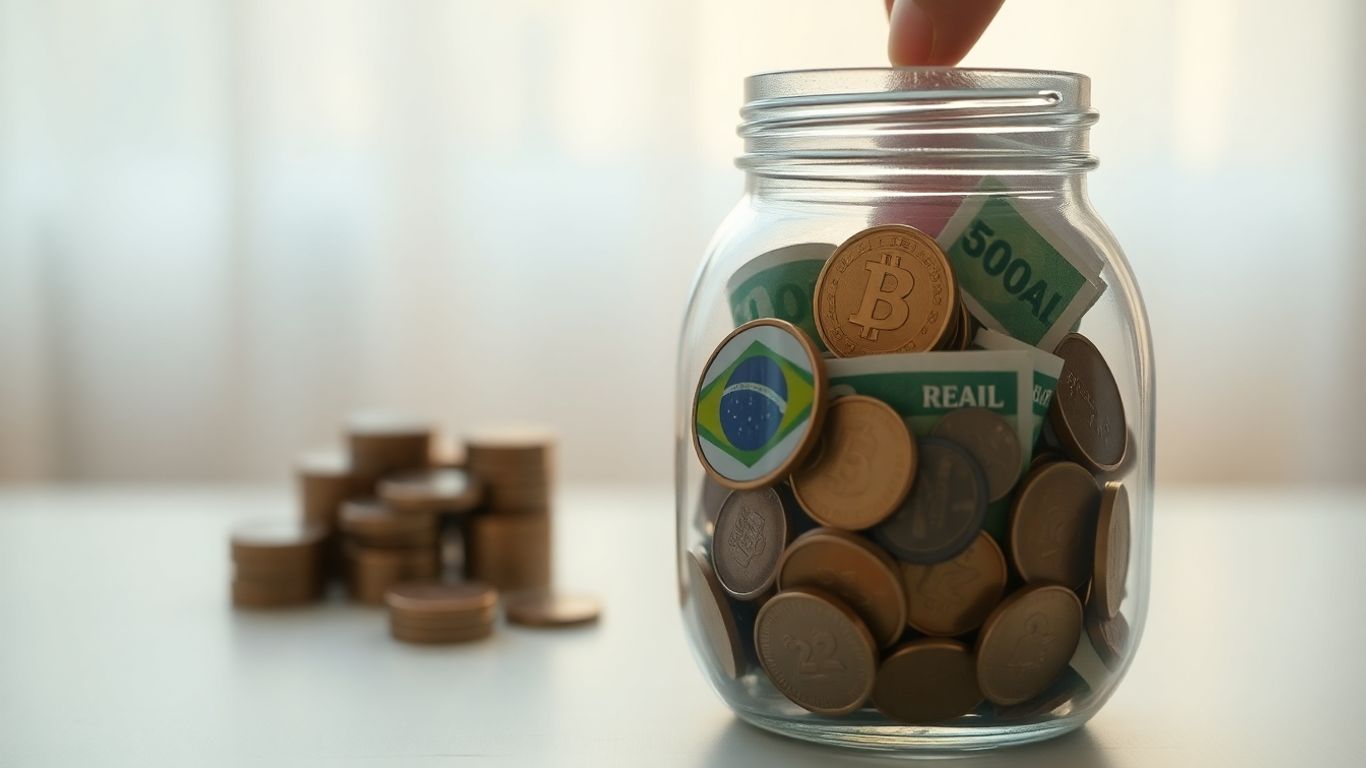 Pessoa colocando moeda em pote com dinheiro brasileiro