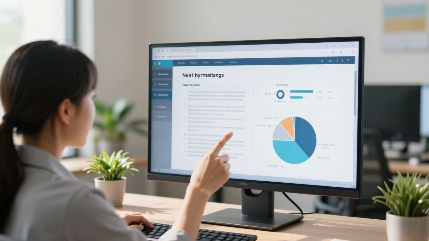 Person pointing at marketing strategies on a screen.