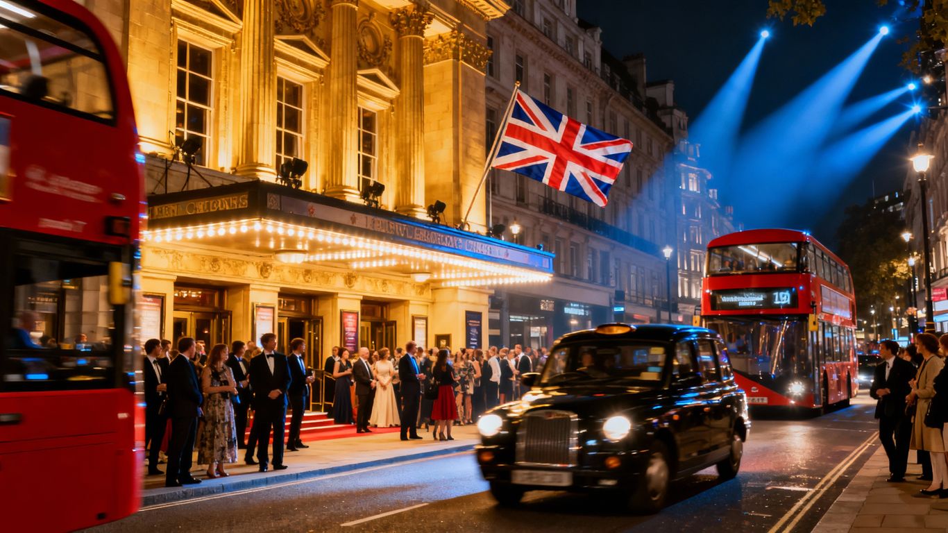 London theatre lit up at night with crowds outside.