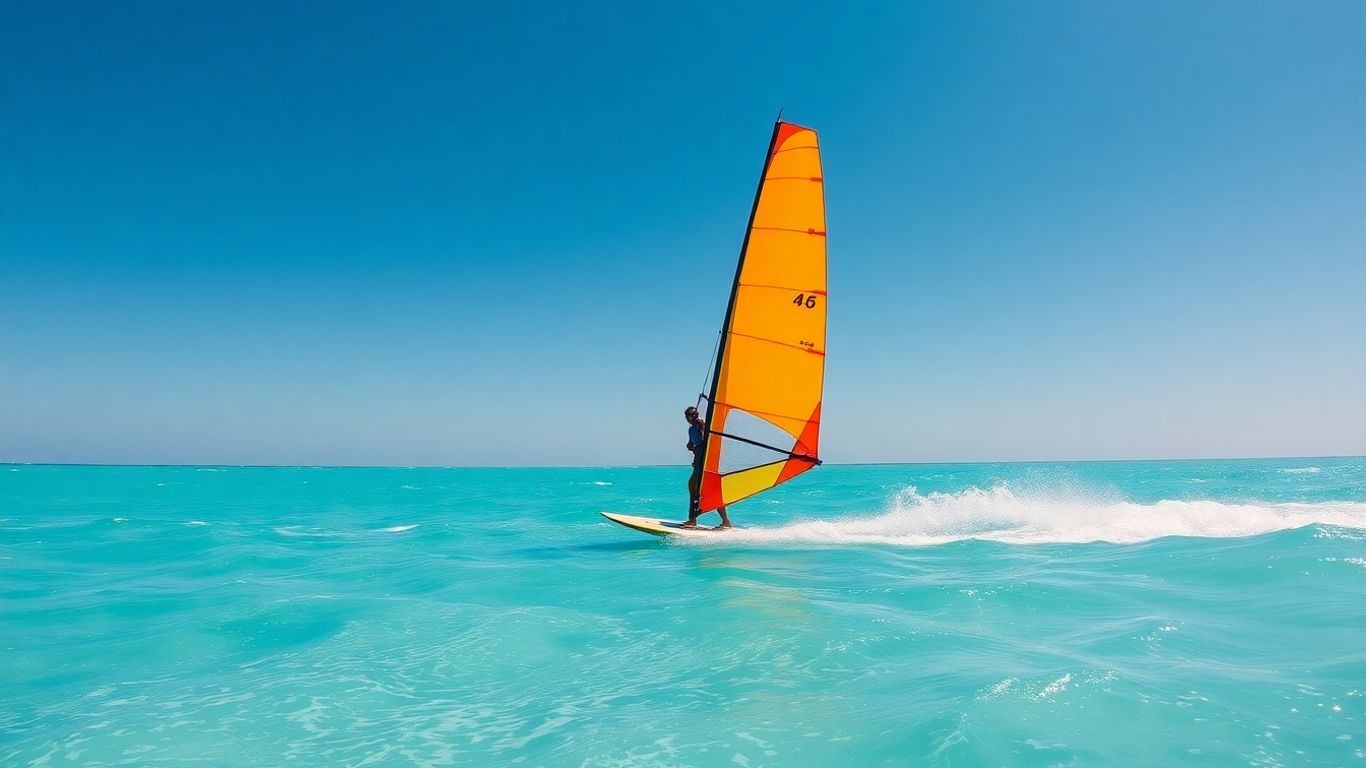 Windsurfer gliding across a bright blue ocean