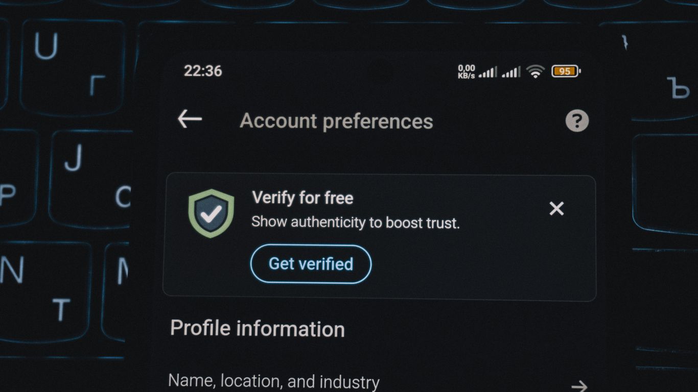 Account preferences screen with verification prompt