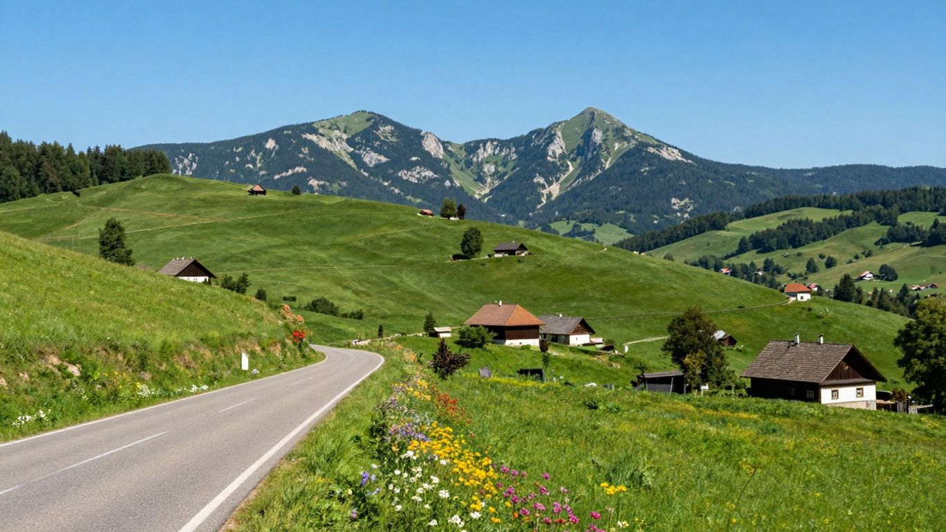 Malownicze polskie krajobrazy z drogą i górami.