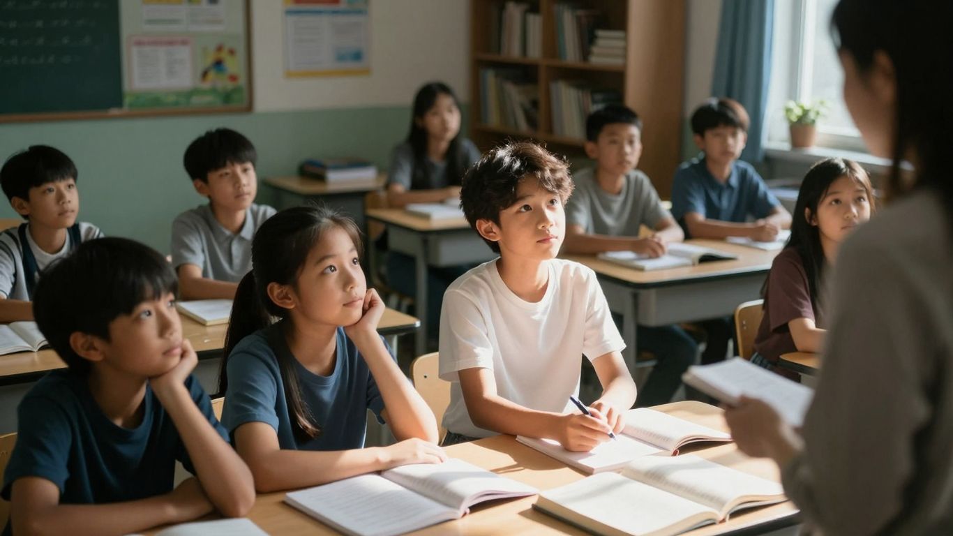 Elevi ascultând atent la profesor în clasă.