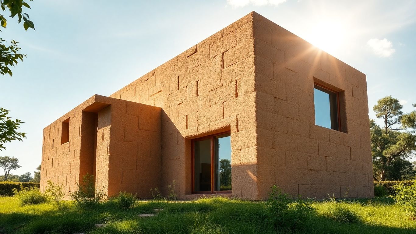 Casă modernă din paie și lut, înconjurată de natură.
