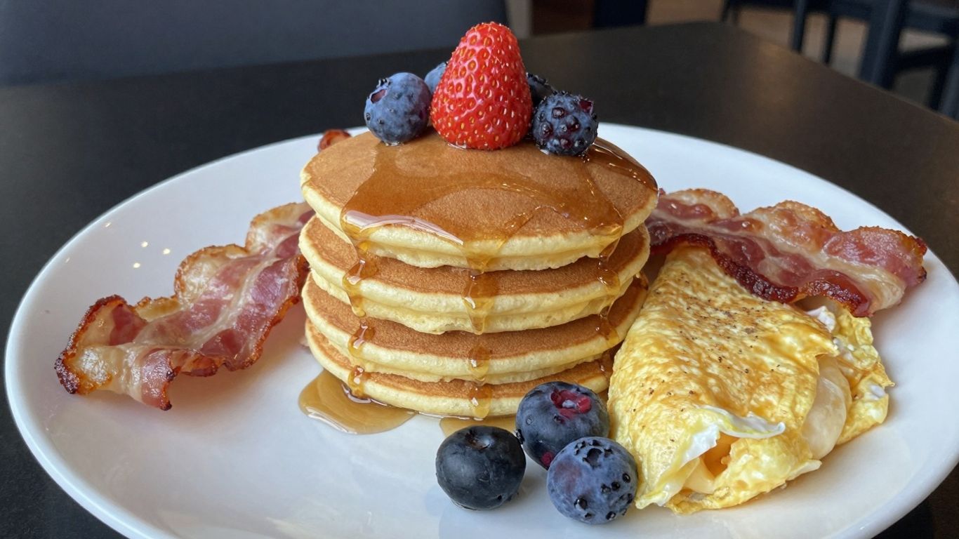 Delicious breakfast spread with pancakes, bacon, and omelet.