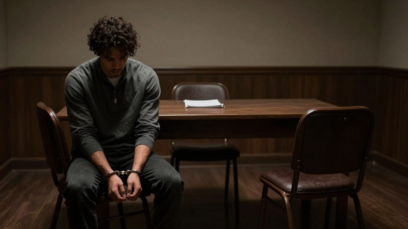 Person in handcuffs meeting with legal counsel in a room.