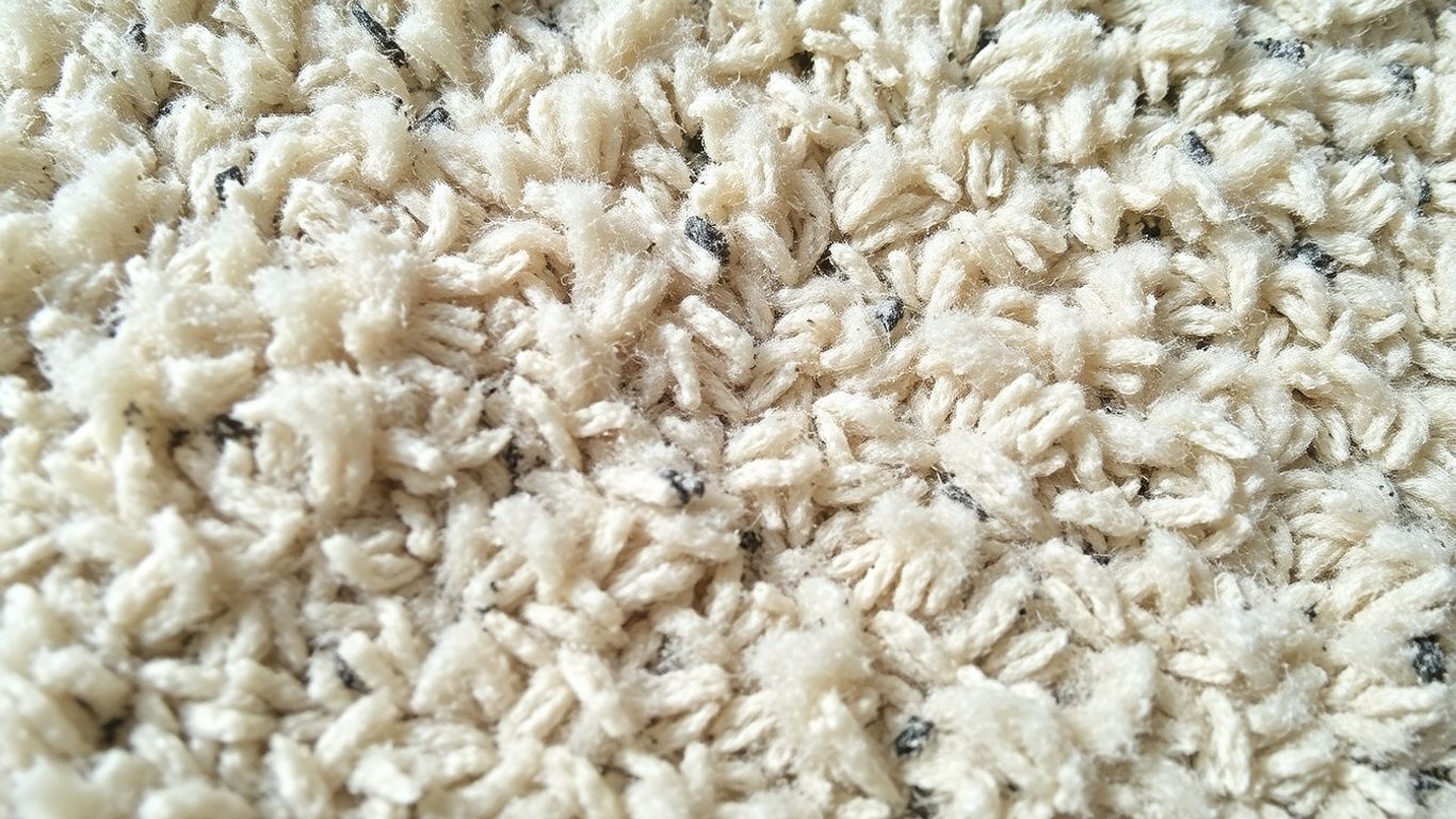 Close-up of carpet fibers with visible dust particles.